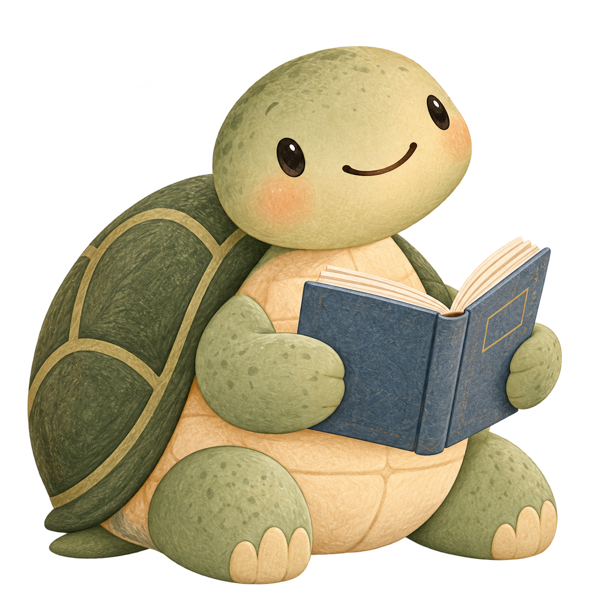 Chapterlark’s friendly original turtle, absorbed in a blue book